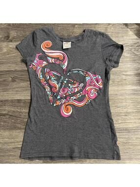 Roxy grey surf tee with pink/orange swirl logo